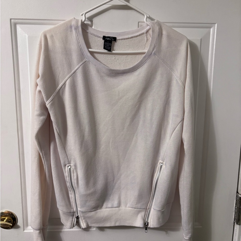 Women's Rue 21 Ivory Long Sleeve Zipper Accents Pullover Top Size Large
